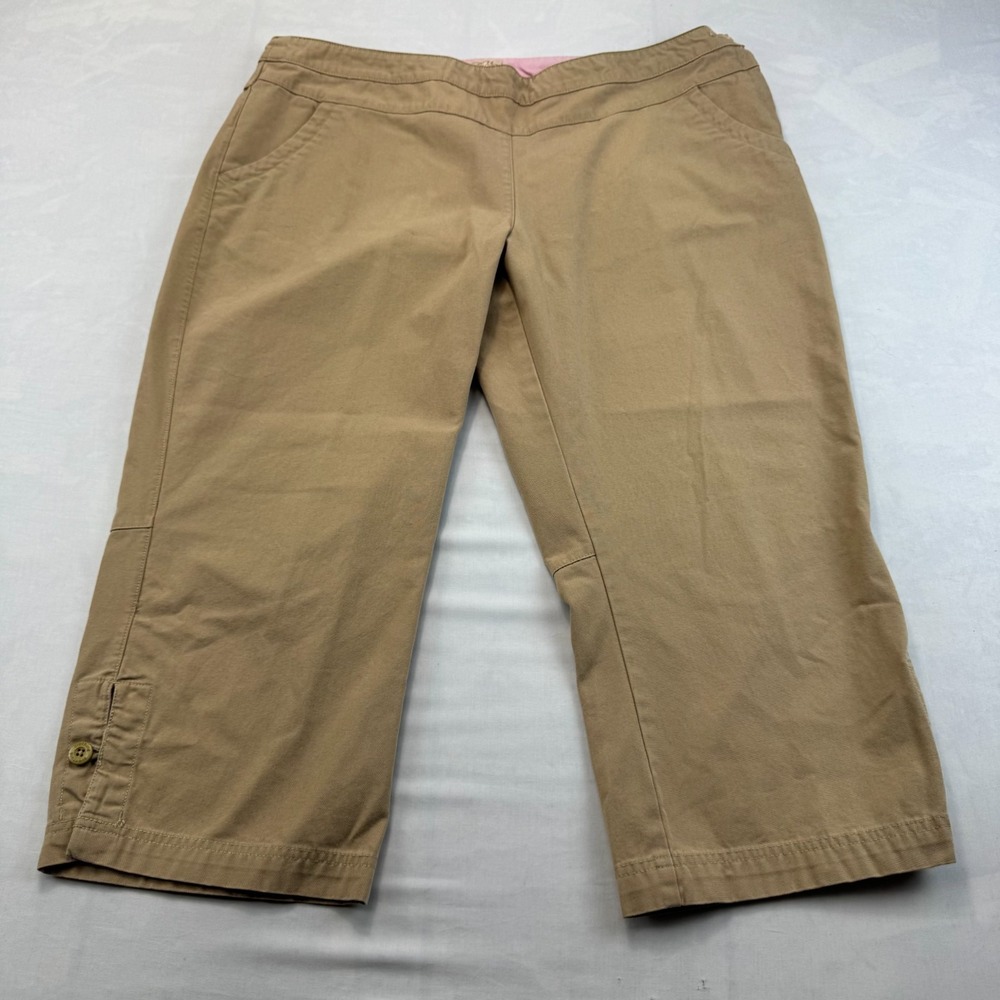 Aventura Clothing by Sportif Capri Pants Womens 14 Tan Ankle Slit Button Detail